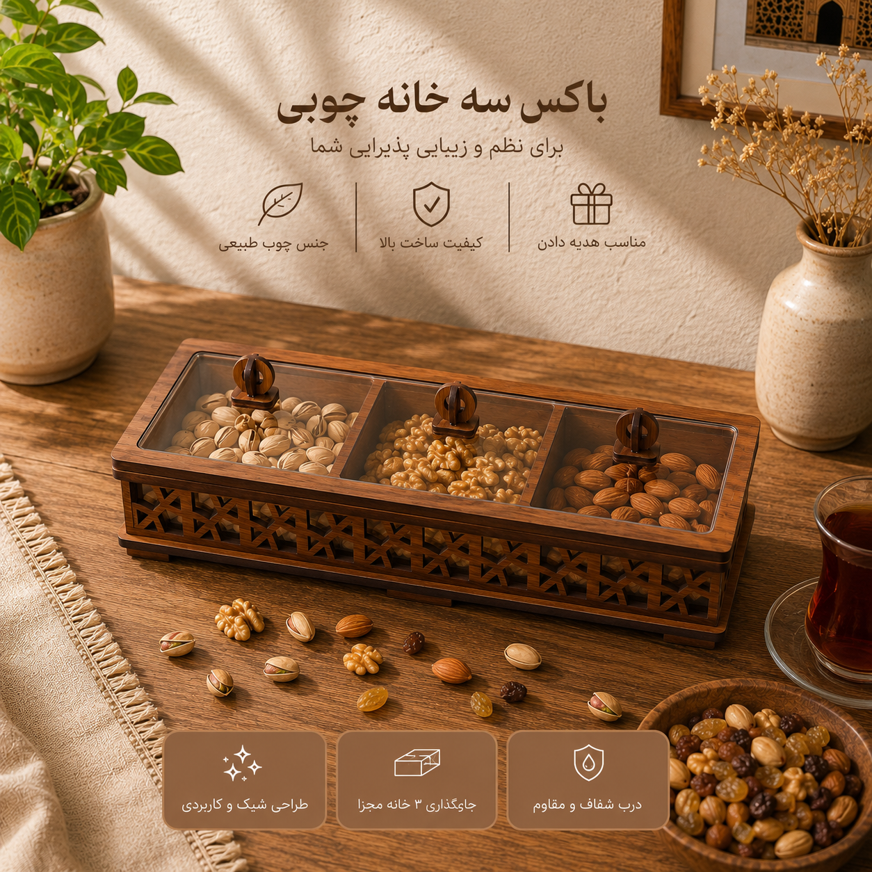 باکس چوبی آجیل و خشکبارگیفتانه طرح دایموند۳خونه(فندقی)