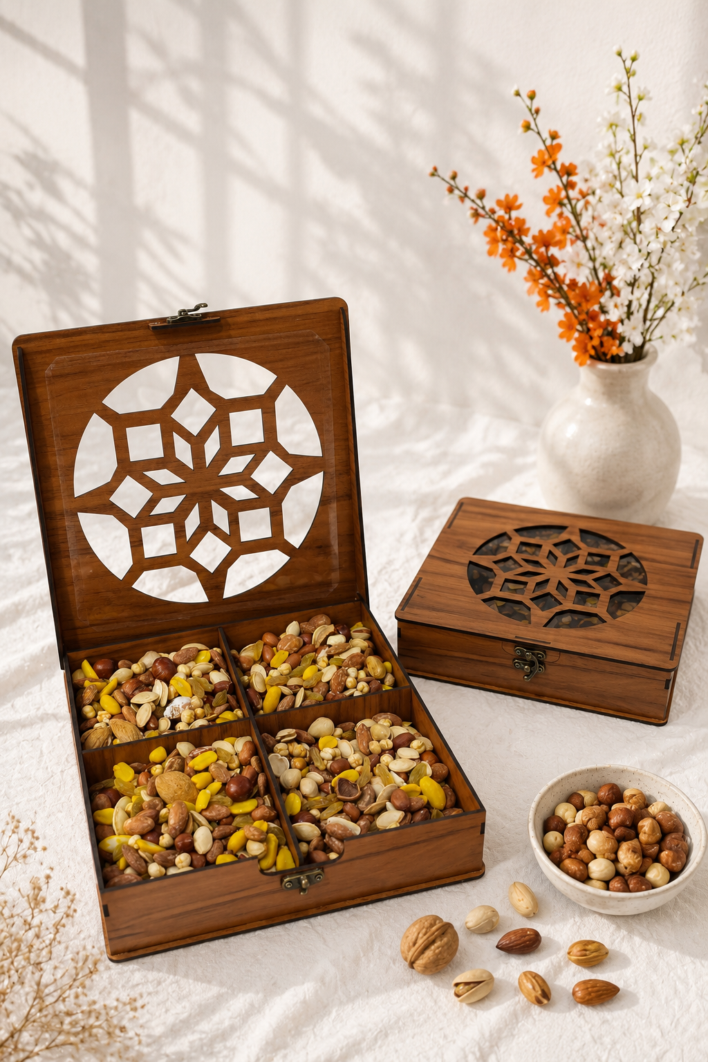 باکس چوبی آجیل و خشکبار طرح آتریسا کد ۱(فندقی)