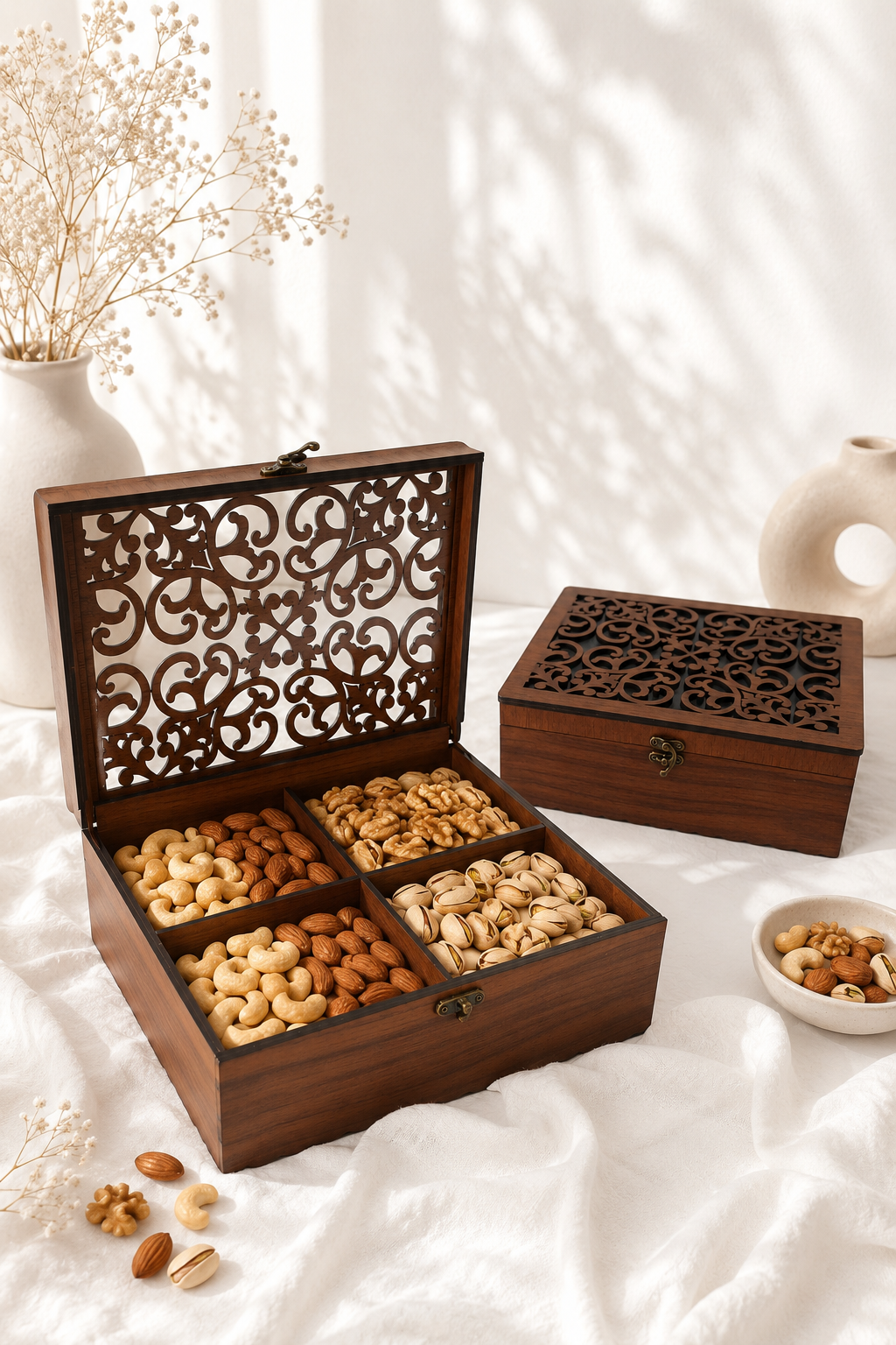 باکس چوبی آجیل و خشکبار مدل شاپرک۴خونه(فندقی)